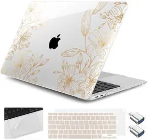 Yebiseven for M1 MacBook Air 13 inch Case 2021 2020 2019 2018 Model A2337/A2179/A1932, Laptop Hard Shell Case with Keyboard Cover & Trackpad Protector & 2 OTG Adapters, Golden Floral