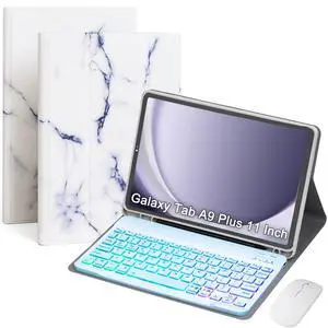 VLEAQC Keyboard Case for Samsung Galaxy Tab A9+/A9 Plus 11 Inch 2023 (SM-X210/X216/X218), Detachable Color Backlit Bluetooth Keyboard and Mouse, Lightweight Stand Cover with Pen Holder (White Marble)