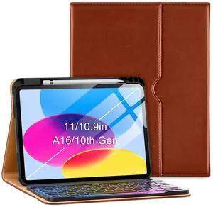VIKESI Keyboard Case for iPad (A16,2025) 11th Generation/iPad 10th Generation Case (10.9" 2022),Premium Leather Smart Cover,Built-in Breathing Light,Function Row,Pencil Holder,Card Slots - Tea Brown