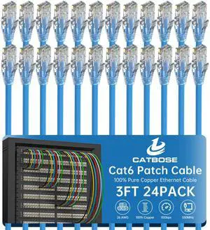 3 Feet Cat6 Patch Cables(24 Pack), Solid Pure Copper Patch Cord, Cat 6 Ethernet Cable, UTP Network, High Speed RJ45 Internet Cables, Compatible for Router, Switche, PC, Server, PS4/5, Xbox - Blue