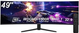 49 inch Curved Monitor with Remote, 165Hz WDQHD(5120 x 1440p) 5K Ultrawide Gaming Monitor R1500, HDR400, 3000:1 Contrast, sRGB 100%, USB-C, FreeSync, PIP/PBP, Built-in Speaker, HDMI 2.1 & DP 1.4