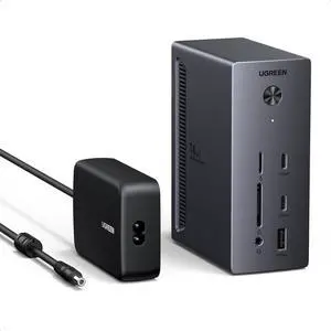 UGREEN USB C Docking Station 3 Monitors Revodok Pro 314 2HDMI & DP with 8K DP/4K HDMI, 100W PD, 10Gbps USB Ports, Gigabit Ethernet, SD/TF 170MB/s, 3.5mm Audio, 90cm Cable.140W Power Adapter