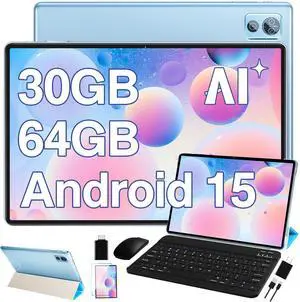 DEERTiME 2025 Latest Tablet 10 inch Android 15 Tablets with Keyboard, 30GB RAM 64GB ROM 2.0GHz Octa-Core, Dual Camera, 1TB Expand, Widevine L1, 5G WiFi, BT 5.0, 2 in 1 Tableta PC (Blue)