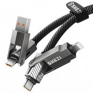 SHEZI Nylon Braided 4 in 1 USB C Cable 60W 5FT Compatible with Lightning Cable, Fast Charging for iPhone/iPad Charger Cord [480Mbps Data Sync],Multi Charging Cable with Type C/USB A, Grey