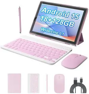 PEICHENG Android 15.0 10Inches Tablet, 18GB RAM+128GB ROM+2TB Expandable, Tab Set with Keyboard/Case/Mouse/Stylus, 2.0GHz Quad-core Processor, 1280 * 800 IPS HDScreen, 5G WiFi6 BT 5.0 (Pink)