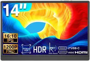 DHPL 14 Inch Portable Monitor, FHD 1920x1200 IPS16:10 Display with Built-in Kickstand, USB-C/HDMI Plug and Play, Compatible with Laptop, PC, Mac, Mobile, PS5, PS4, Xbox, Switch