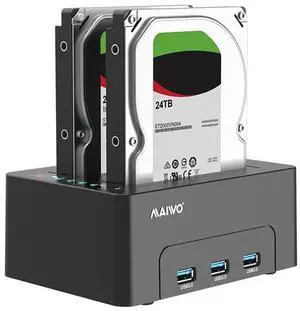 MAIWO Dual Bay Hard Drive Docking Station with Offline Clone for 2.5 3.5 Inch SATA HDD SSD, 3X USB 3.0 Hub Extension, 48TB Capacity, External Hard Drive Duplicator Cloner Copier