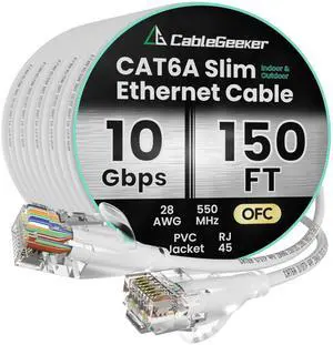 CableGeeker CAT6A Slim Ethernet Cable 150FT, 10Gbps 550MHz High Speed Network Cable with Matte Finish Connector, OFC Pure Copper, PVC Jacket, RJ45 for Gaming, Data Centers, Home & Office (White)