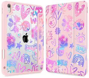 Tuiklol Case for iPad Air 13 (M3 2025 / M2 2024), Buit in Pencil Holder with TPU Protection Shockproof Cover Clear Transparent Back Trifold Stand-Auto Wake/Sleep Tablet Case, Fun Emotions Pink