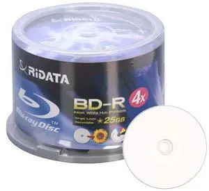 Ridata Ritek Blu-Ray (BD-R) White Inkjet Hub Printable 4X BD-R Media 25GB 50 Pack in Cake Box (BDR-254-RDIWN-CB50)