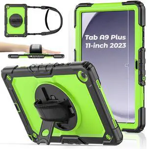 BASE MALL Case for Samsung Galaxy Tab A9 Plus Tablet Case 11-inch [with Tempered Glass Screen Protector] Heavy Duty Shockproof Cover, Rotating Kickstand, Shoulder & Hand Strap (Green)