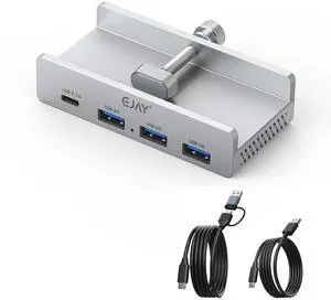 EJAY Mountable 4Ports USB3.0 HUB Alu Desktop Clamp Type C USB3.0 Splitter for Desk/Monitors with Extra Power Supply Port,59inches Data & 39inches Power Cables-5Gbps (BJ-3A1C-SV)