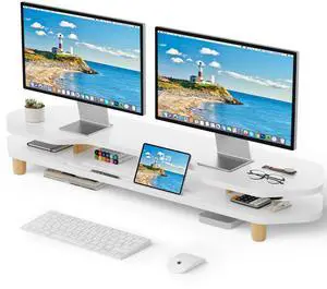 AFOOYO 2 Tier White Dual Monitor Stand Riser,Wider Board Computer Monitor Stand for 2 Monitors,Slot For Phone/Tablet Office Desktop Organizer for Laptop,PC,Computer,Printer,White