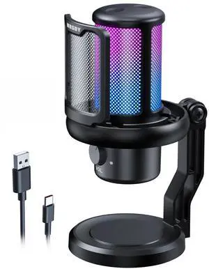 MRSDY Gaming Microphone, USB Noise Cancellation Condenser Mic with Headphone Jack, Mute, Gain, RGB, Suitable for PC, Computer, PS4, PS5, Mac, Streaming, Podcasting, Recording, YouTube, Discord