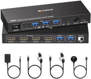 4 Monitors KVM Switch 2 Computers 1080P@60Hz,USB 3.0 KVM Switch Quad Monitor for 2 PC Share 4 Monitor and Keyboard Mouse Printer,with Wired Remote and 2 USB Cables,Driver Installation is Required