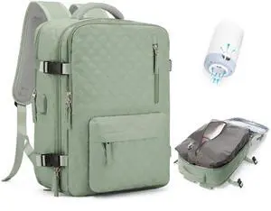 Travel Vacuum Storage Backpack with Air Pump Vacuum Seal Compression Space Saver Bags Clothing Vacpack 18x14x8 inches Travel Bag Carry on Personal item Laptop Work Backpacks Women LightGreen