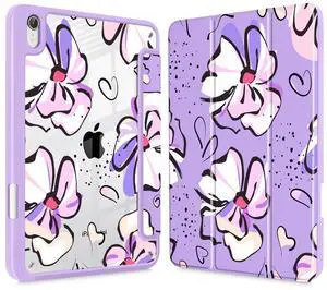 Mektron Printed Case for iPad mini 7 (A17 Pro) 2024/ Mini 6 2021, iPad mini 7th/6th Generation Case, Buit in Pencil Holder with Clear Back Shell + Trifold Stand + Auto Wake/Sleep, Flowers-Purple