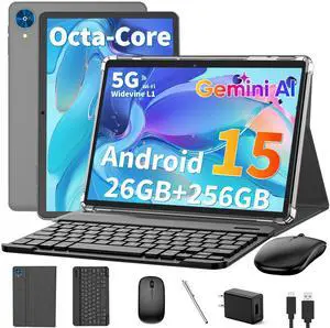 Android 15 tablet with keyboard, 26GB RAM+256GB ROM(2TB Expand), 10 inch tablet with 8000mAh Battery, 2.4G/5G WiFi, BT 5.0, 5MP+13MP Dual Camera, Gemini AI, Octa-core, Mouse, Stylus, Case(Silver Case)