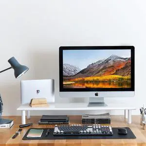 ROCDEER Bamboo Dual Monitor Stand Riser White, Desk Monitor Riser for 2 Monitors, Supports for PC Computer Monitor, Printer, Heavy TV Riser up to 300 lbs, White