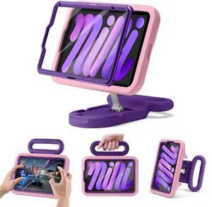 Kids Case for iPad mini 7 (A17 Pro) 2024 / iPad mini 6 2021, Adjustable Portrait/Landscape Stand, Drop Proof Handle Kickstand, Child Friendly with Screen Protector for iPad mini7th/6 8.3 inch(Pink)