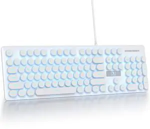 Fogruaden Wired Retro Typewriter Keyboard, Quiet Full Size Membrane Keyboard Light Up, White Cute Computer Keyboards, 104 Round Keys, Blue LED Backlit, Slim, Silent for Windows PC, Laptop
