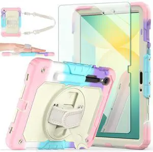 Ambison Case for Samsung Galaxy Tab S10 Lite/S10 FE/S9/S9 FE 5G 11''/10.9'', Shockproof Tablet Case with 9H Tempered Glass Screen Protector, Rotatable Stand, Hand Strap, Shoulder Strap (Light Pink)
