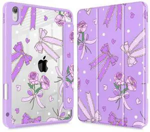 Tuiklol Case for iPad 11 inch (A16 Chip) 2025 Gen 11th / iPad 10.9 inch 2022 10th Gen, Buit in Pencil Holder with Shockproof Cover Clear Transparent Back Shell Auto Wake/Sleep,Bow & Rose Purple