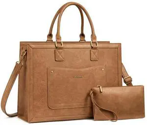 LOVEVOOK Laptop Tote Bag for Women, 15.6 Inch Work Bags, Vintage Leather Tote Bag, Waterproof Computer Bags with Clutch Purse, Large Capacity Messenger Bag for Teacher College Business Office