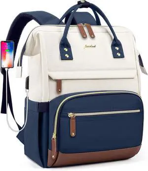 Focdod Laptop Backpack for Womem Work Bags: 15.6 Inch Travel BackPacks Durable Back Pack With USB Charging Port Anti Theft Fashion College BookBag Purse Bussiness Daypack for Nurse Teacher Navy Beige