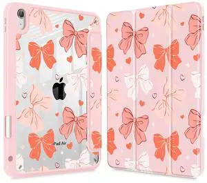 Lepeoac Case for iPad Air 11'' (M3 2025/M2 2024) 6th Gen/iPad Air 10.9'' 2022 2020 Air 5th /4th Gen, Buit in Pencil Holder with Shockproof Cover Clear Transparent Back Auto Wake/Sleep, Bows SD146