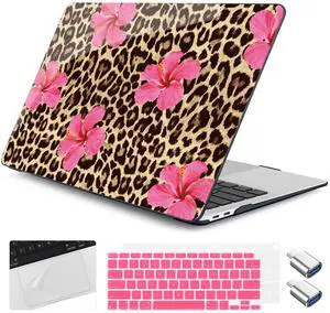 Yebiseven for M1 MacBook Air 13 inch Case 2021 2020 2019 2018 Model A2337/A2179/A1932, Laptop Hard Shell Case with Keyboard Cover & Trackpad Protector & 2 OTG Adapters, Leopard Flowers