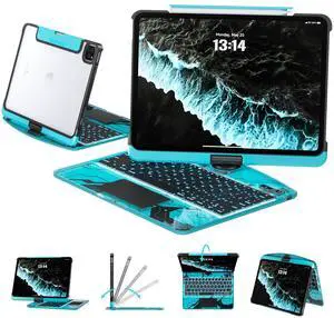 Tiaota Transparent Case with Keyboard for iPad 11th Gen 11-in.(A16, 2025) & 2022 iPad 10th Gen 10.9-in,7-Color Backlit,Wireless Keyboard, 360°Rotating,with trackpad,Pencil Holder,with Shortcuts,Blue