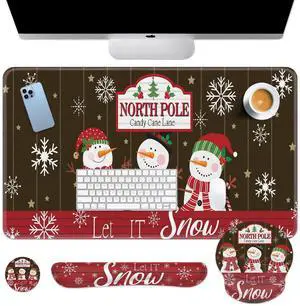 Britimes Keyboard Mouse Pad Set Christmas Snowman Snowflakes 4in1 Large Mousepad+Keyboard Wrist Rest+Mouse Wrist Rest+Coaster Set with Ergonomic Design for Home Office Computer 35.4x15.7In