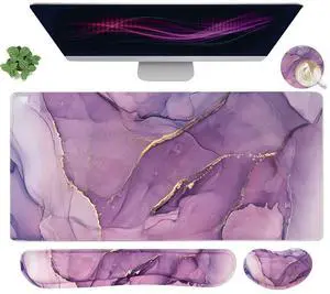 Large Mouse Pad and Keyboard Wrist Rest, Desk Pad for Keyboard and Mouse, 4-in-1 Large Gaming Mouse Pad with Wrist Support, Desk Mat for Home Office Study Game-Purple