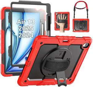 SEYMAC for iPad Air 13 Inch Case M3 2025/ M2 2024, Heavy Duty Shockproof Protective Case with Screen Protector, Rotating Stand, Hand/Shoulder Strap and Pen Holder for iPad Air 13, Red