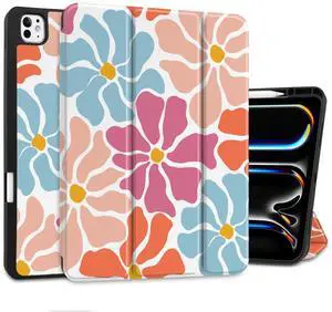 MEEgoodo Case for M5 iPad Pro 13 inch 2025/M4 iPad Pro 13 inch Case 2024, Tablet Cover with Trifold Stand + Pencil Holder + Auto Wake/Sleep + Soft TPU Back Cover, Minimalist Style Floral