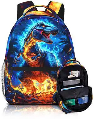 Dinosaur Backpack for Kids Toddler Boy Blue Fire Dino School Bookbag for Elementary Preschool Travel Bag Backpack for Kid Boys 8-12 Back to School Gifts