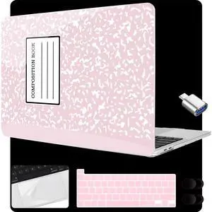 MEEgoodo for MacBook Pro 13 inch Case 2022 2021 2020 A2338 M2/M1 A2251 A2289 with Touch ID,Clear Laptop Hard Shell Cases with Keyboard Webcam Cover&Trackpad Film& Type C Adapter, Pink Composition Book
