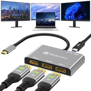 Reborn USB-C to Dual DisplayPort Adapter and 1 HDMI with 100W PD, 4K@60Hz USB Type-C 1 in 3 Out Splitter, Display Port Splitter for 3-Port USB-C Multi-Monitor Adapter with PC/macOS/Linux and More