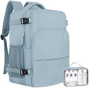 Sinaliy Travel Backpack, Carry on Flight Approved Backpack with Multi-Pockets, TSA Waterproof 17.3inch Laptop Backpack, Personal Item Travel Bag for Men Women, Light Blue
