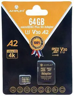 Amplim Micro SD Card 64GB | MicroSD Memory Plus Adapter | A2 MicroSDXC U3 Class 10 V30 UHS-I for Switch, Surface, Phone, Camera Cam, Tablet | Black