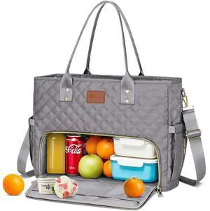 KKXIU Lunch Tote Bag for Teacher & Nurse, 15.6 Inch Laptop Tote with Insulated Lunch Box Pocket for Women, Professional Computer Work Bag for School, Office, Nursing - Grey