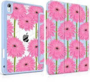 MEEgoodo Case for iPad A16 11th Generation 11 inch 2025/10th Gen 10.9 inch 2022, Cover with Transparent Acrylic Back Shell,Tablet Case with Pencil Holder+Auto Wake/Sleep+ Stand, Pink Gerbera Flower