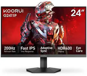 KOORUI 24" Gaming Monitor, 200Hz 1ms Fast IPS, FHD HDR400 Display, 90% DCI-P3 Color Gamut, Adaptive Sync, Ultra Slim Frame, VESA Mountable, HDMI 2.0, DP 1.4, G2411P