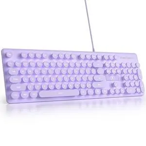 Fogruaden Wired Retro Typewriter Keyboard, Quiet Full Size Membrane Keyboard Light Up, Purple Cute Computer Keyboards, 104 Round Keys, White LED Backlit, Slim, Silent for Windows PC, Laptop