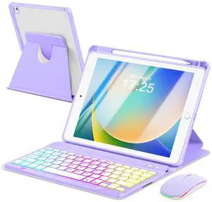 EAMPANG Case with Keyboard Mouse for iPad 9th 8th 7th Generation 10.2 inch,7 Rainbow Backlit Detachable Keypad Rotatable Magnetic Cover with Pencil Holder for iPad Air 3rd Gen/Pro 10.5 Purple