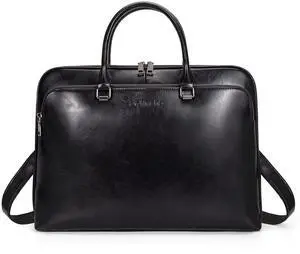 Laptop Messenger briefcase shoulder bag: Genuine Leather men 13 14 inch macbook case women work tote handbag Black