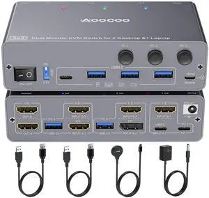 USB C KVM Switch 4K60Hz,Dual Monitor USB C HDMI DP KVM Switch for 2 PC and 1 Laptop Sharing 2 Monitor and 4 USB3.0 Devices, 100W PD for Laptop, Wired Remote Control and USB Cables Included