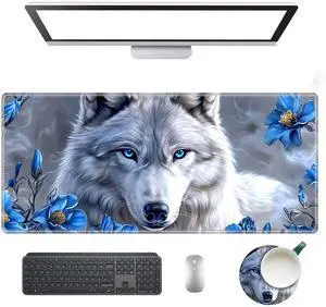 KUJKBFWJ Large Gaming Mouse Pad with Cup Coaster Set, XXL Mousepad Large Desk Pad with Non-Slip Base, Extended Mousemat 35.4 x 15.7 in, White Wolf