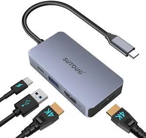 USB C Hub, SUTOUG Docking Station, 4-in-1 USB C Adapter with Dual 4K HDMI Ports, 100W Power Delivery Port, USB A 3.0 5Gbps Data Port Compatible with MacBook Pro/Air, Chromebook, More Type C Devices